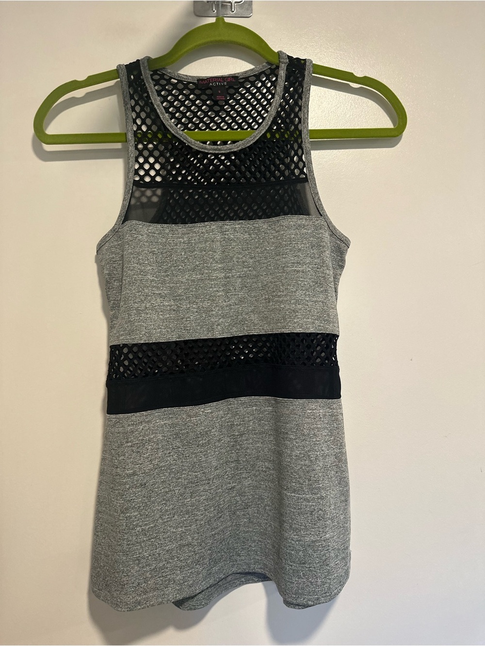 NWOT Material Girl Active Sz:S mesh tank top heather gray black fishnet panels.